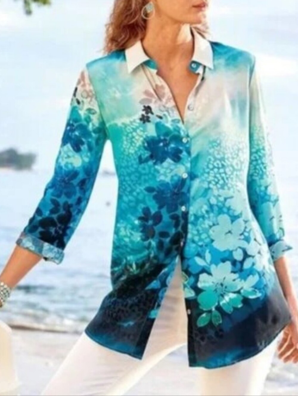 Soft Surroundings 100% Silk Button Front Top Floral Print Coastal Beachy Tunic